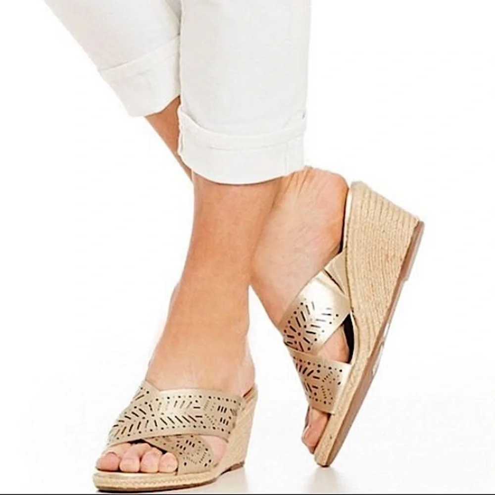 Lucky Brand KEELA Women’s Gold Leather Espadrille Wedge Sandals - Size 12M Boho